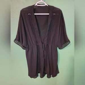 Grefit Black Sheer Lace Trim Kimono Cover Up Cardigan XL